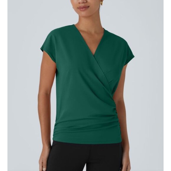 Halara V Neck Cap Sleeve Crossover Ruched Solid Work Blouse Sz Large Womens Gree - Picture 9 of 12